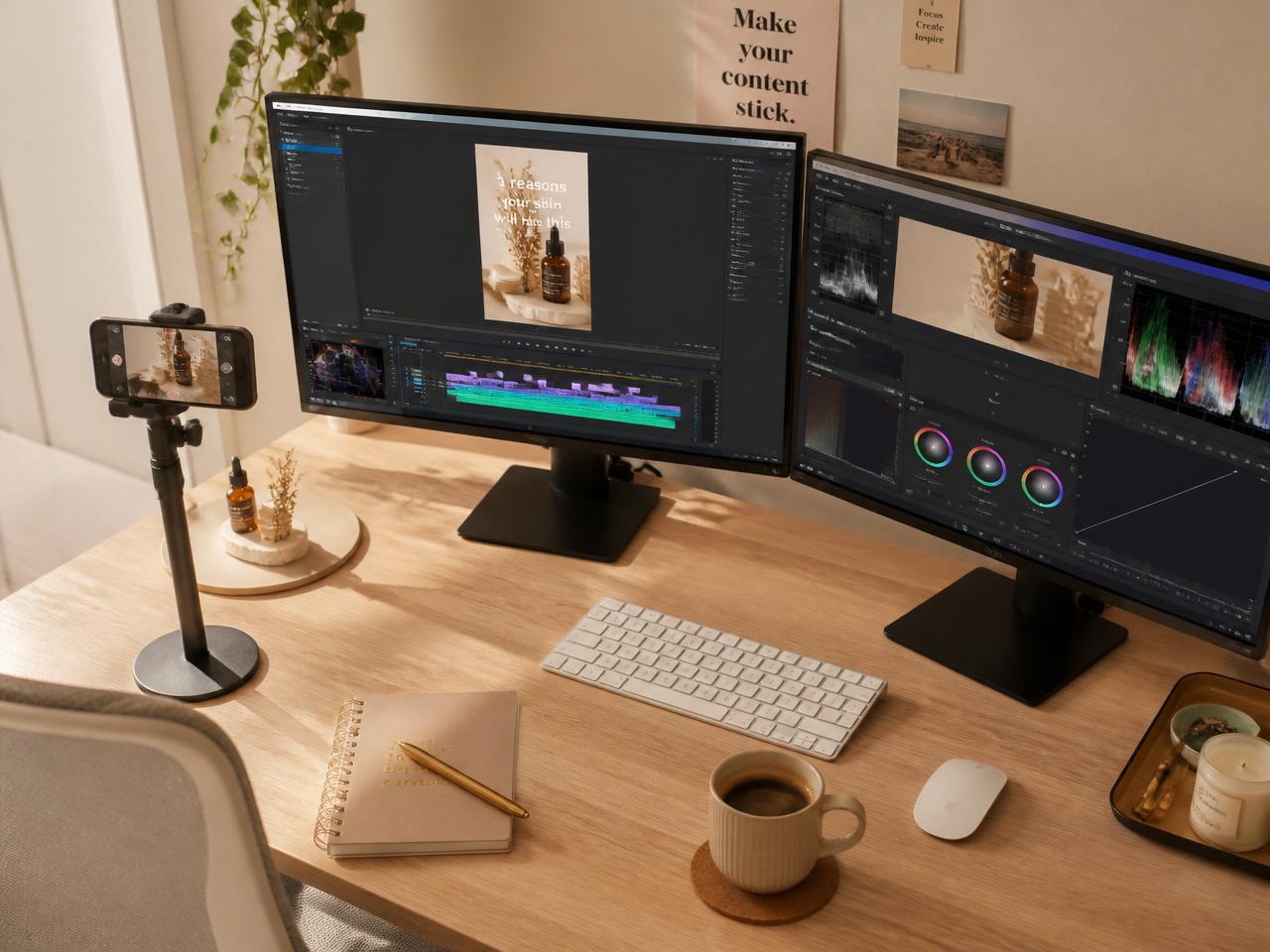 A warm video editing workspace with dual monitors, a TikTok timeline, and a smartphone on a tripod